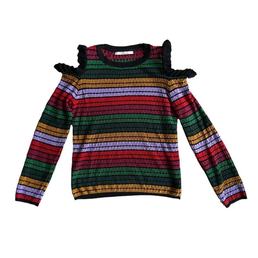 Uterque Knit Striped Open Shoulder Multicolor Sweater Round Neck S Long Sleeve